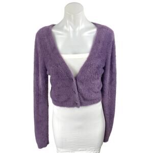 Aritzia Sunday Best Purple Fuzzy Faux Fur Button Crop Cardigan Sweater Top Sz M